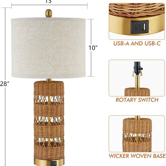 NEW Set of 2  Rattan Decorative 28" Table Lamps with E26 Socket&Rotary Switch, - Picture 5 of 9